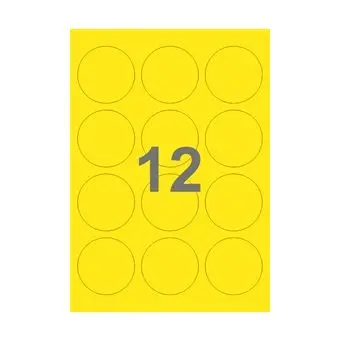 12 etiketter/A4-ark, Ø60 mm, ScanColour, gul, 100 ark - Runde etiketter på ark
