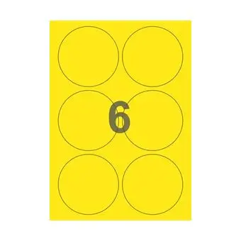 6 etiketter/A4-ark, Ø90 mm, ScanColour, gul, 100 ark - Runde etiketter på ark