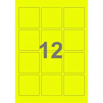 12 etiketter/A4-ark, kvadrat, 60 x 60 mm, ScanNeon, gul, 100 ark - Neon gul