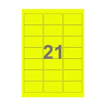 21 etiketter/A4-ark, 63,5 x 38,1 mm, ScanNeon, gul, 100 ark - Neon gul