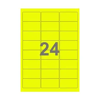 24 etiketter/A4-ark, 64 x 33,9 mm, ScanNeon, gul, 100 ark - Neon gul