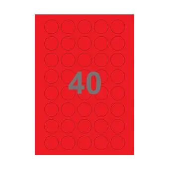 40 etiketter/A4-ark, Ø30 mm, ScanColour, rød, 100 ark - Runde etiketter på ark