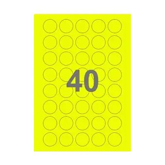 40 etiketter/A4-ark, Ø30 mm, ScanNeon, gul, 100 ark - Runde etiketter på ark