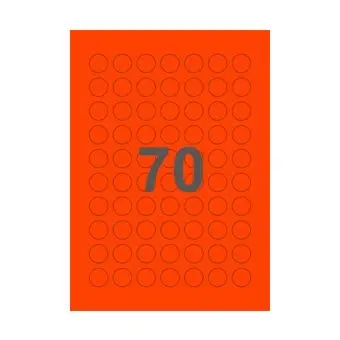 70 etiketter/A4-ark, Ø20, ScanNeon, rød, 100 ark - Runde etiketter på ark