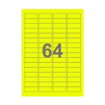 64 etiketter/A4-ark, 45,7 x 16,9 mm, ScanNeon, gul, 100 ark - Neon gul